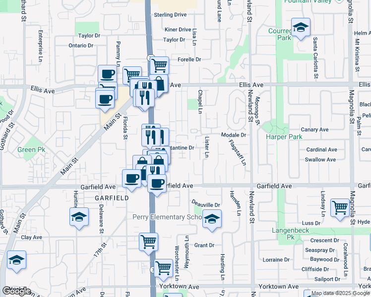 map of restaurants, bars, coffee shops, grocery stores, and more near 8206 Constantine Drive in Huntington Beach