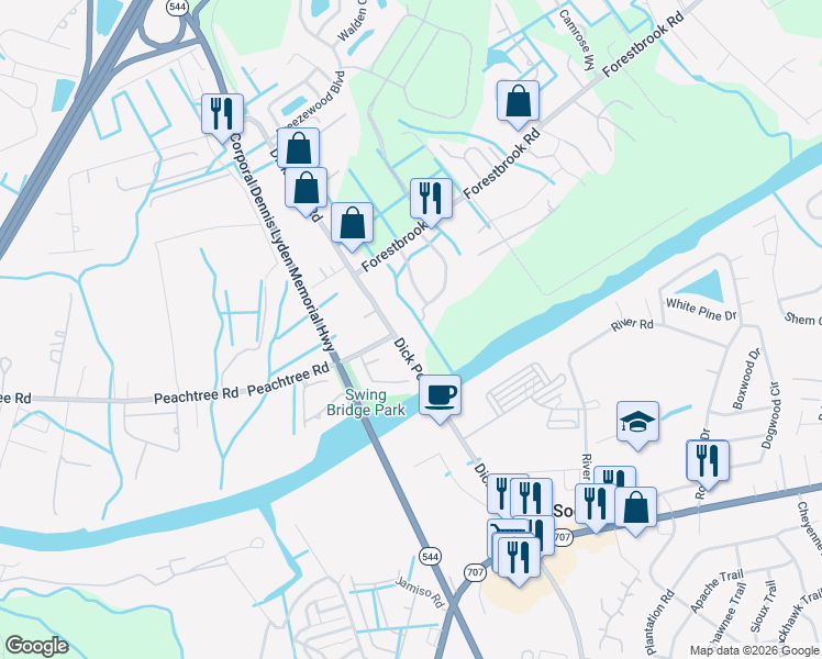 map of restaurants, bars, coffee shops, grocery stores, and more near 171 Prather Park Drive in Myrtle Beach