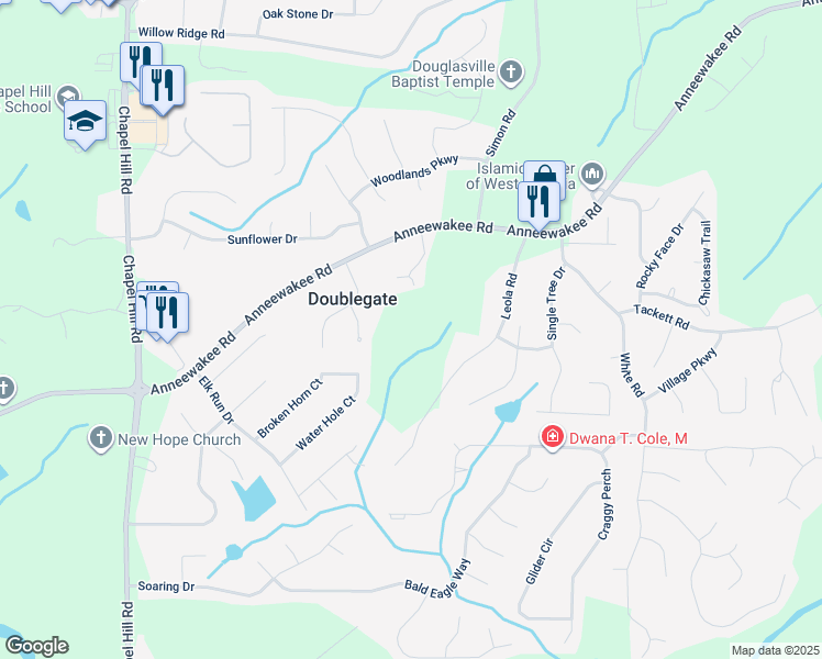 map of restaurants, bars, coffee shops, grocery stores, and more near 4196 Anneewakee Road in Douglasville