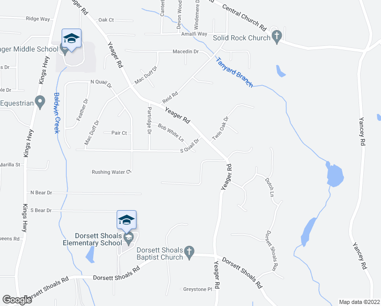 map of restaurants, bars, coffee shops, grocery stores, and more near 5651 Bob White Lane in Douglasville
