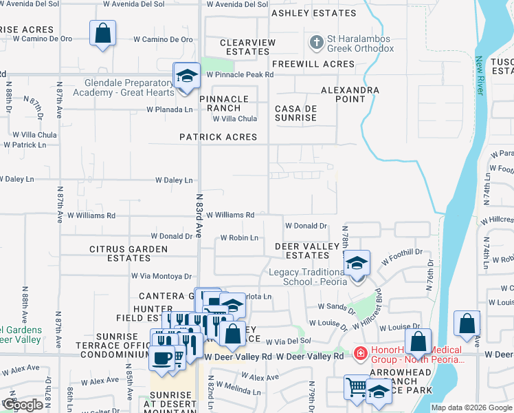 map of restaurants, bars, coffee shops, grocery stores, and more near 8200 West Williams Road in Peoria