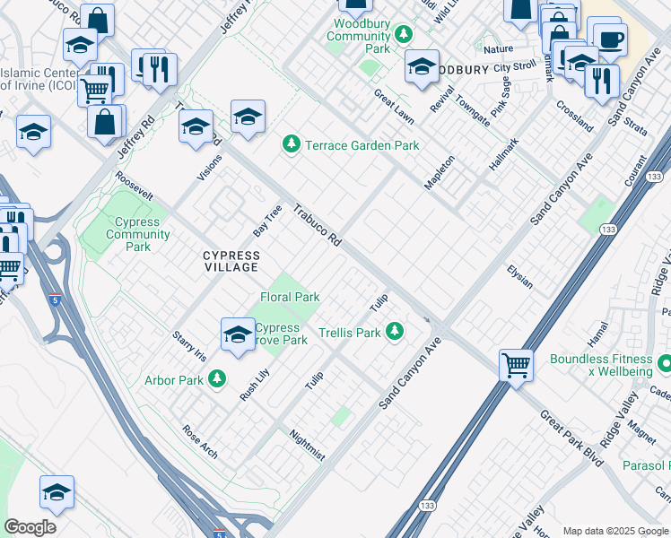 map of restaurants, bars, coffee shops, grocery stores, and more near 66 Berkshire Wood in Irvine
