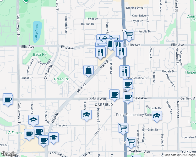 map of restaurants, bars, coffee shops, grocery stores, and more near 18472 Main Street in Huntington Beach