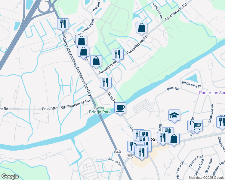 map of restaurants, bars, coffee shops, grocery stores, and more near 171 Prather Park Drive in Myrtle Beach