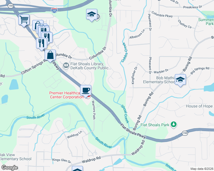 map of restaurants, bars, coffee shops, grocery stores, and more near 3358 Springside Ridge in Decatur