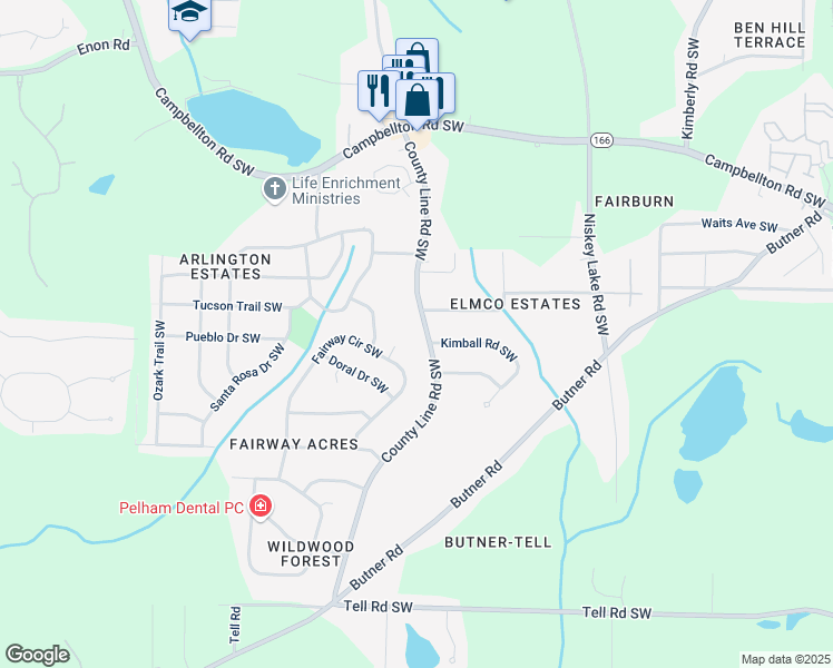 map of restaurants, bars, coffee shops, grocery stores, and more near 2405 County Line Road Southwest in Atlanta