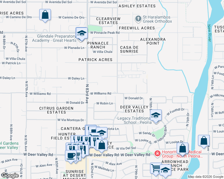 map of restaurants, bars, coffee shops, grocery stores, and more near 8200 West Williams Road in Peoria