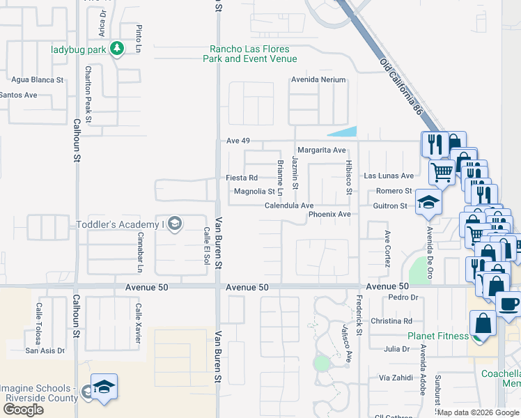 map of restaurants, bars, coffee shops, grocery stores, and more near 84131 Calendula Avenue in Coachella
