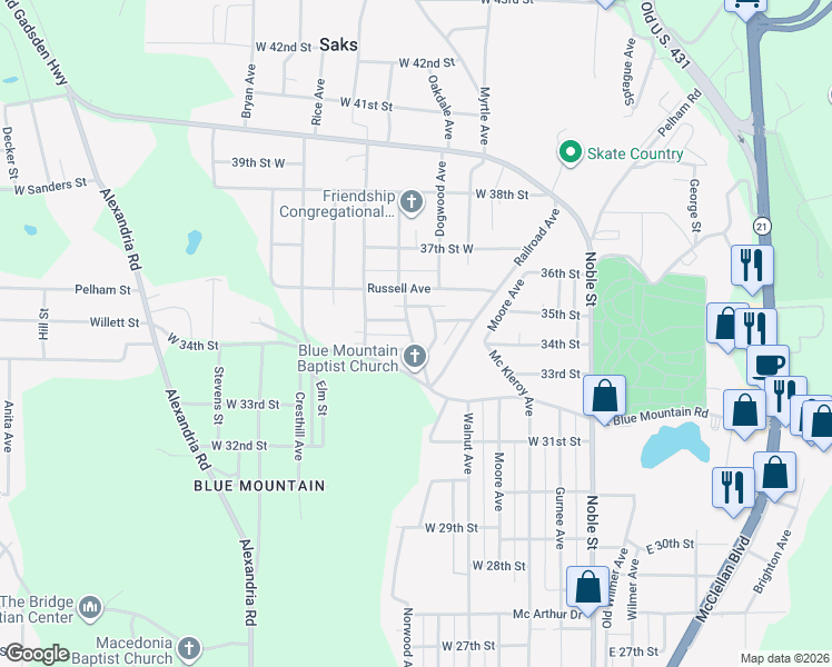 map of restaurants, bars, coffee shops, grocery stores, and more near 1 Net Street in Anniston