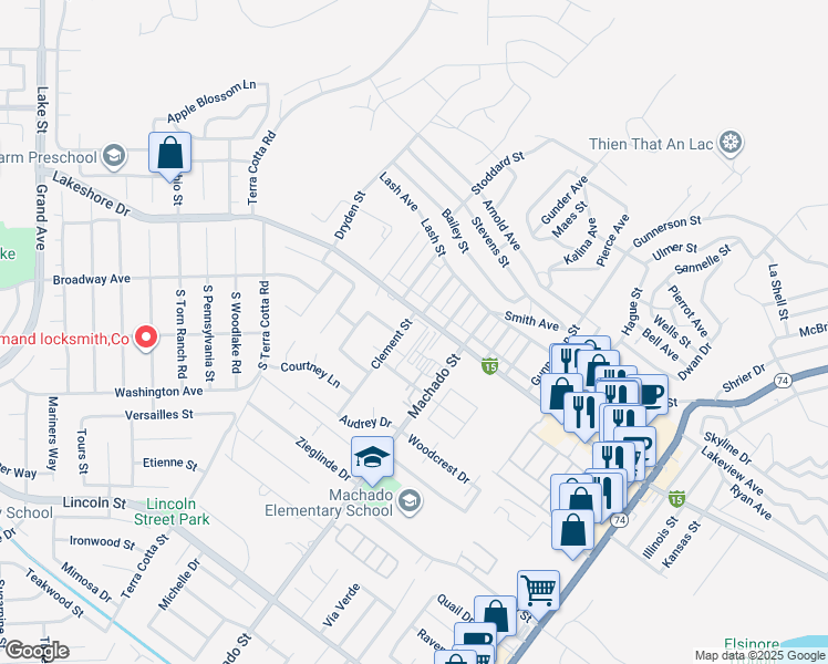 map of restaurants, bars, coffee shops, grocery stores, and more near in Lake Elsinore
