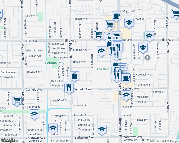 map of restaurants, bars, coffee shops, grocery stores, and more near 9662 Nightingale Avenue in Fountain Valley