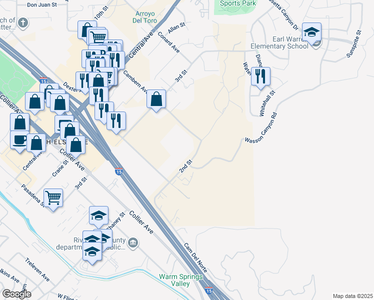 map of restaurants, bars, coffee shops, grocery stores, and more near 23101 2nd Street in Lake Elsinore