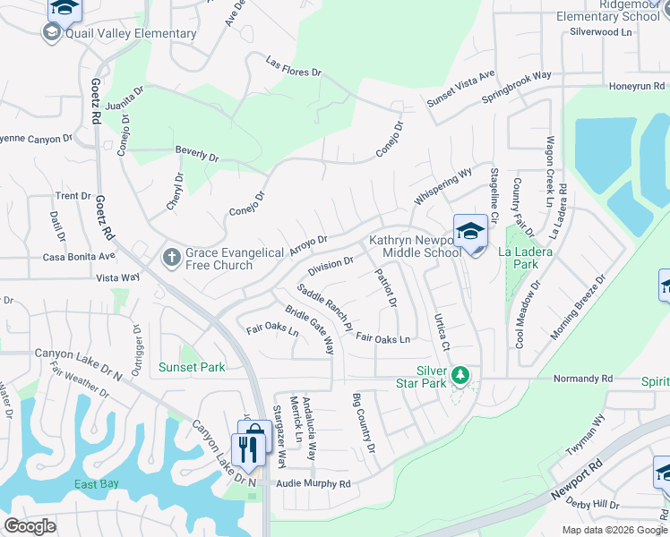 map of restaurants, bars, coffee shops, grocery stores, and more near 24481 Division Drive in Menifee