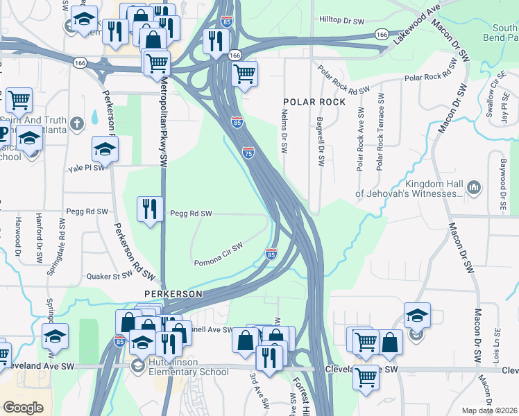 map of restaurants, bars, coffee shops, grocery stores, and more near 397 Pegg Road Southwest in Atlanta
