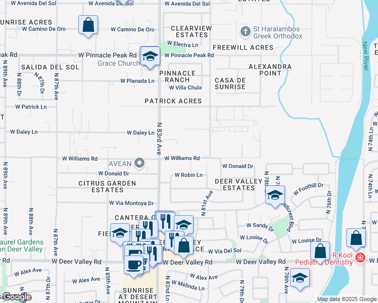 map of restaurants, bars, coffee shops, grocery stores, and more near 8200 West Williams Road in Peoria