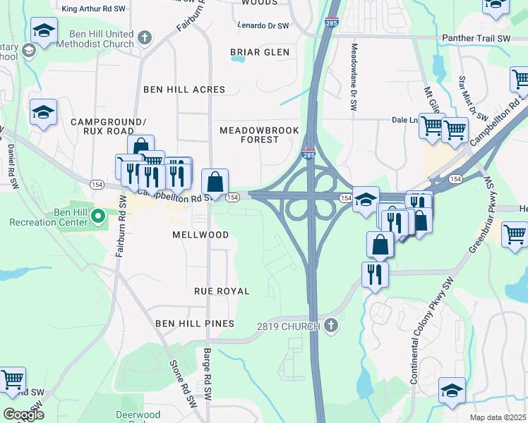 map of restaurants, bars, coffee shops, grocery stores, and more near 2542 Coventry Street Southwest in Atlanta
