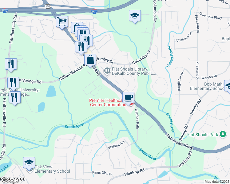map of restaurants, bars, coffee shops, grocery stores, and more near 4099 Flat Shoals Parkway in Decatur