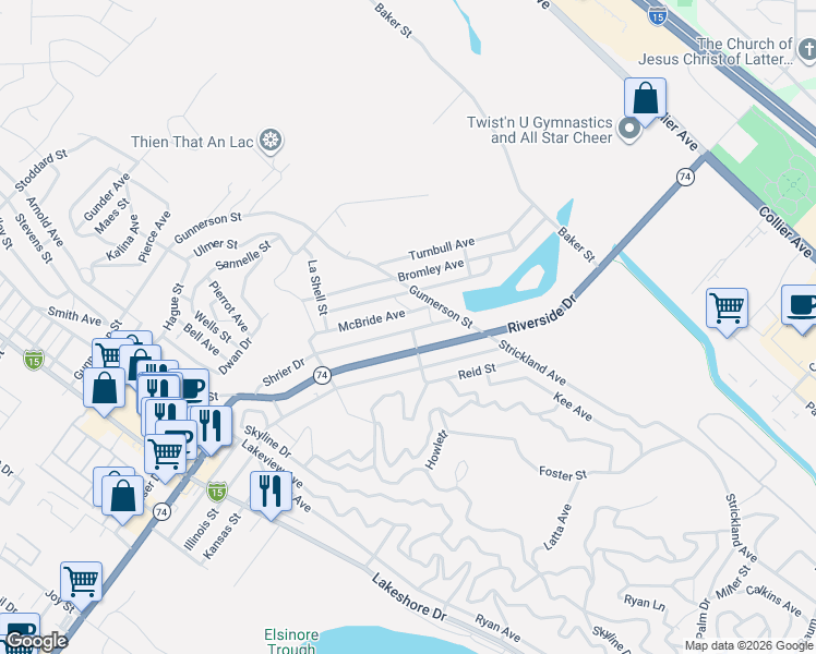 map of restaurants, bars, coffee shops, grocery stores, and more near Shrier Drive in Lake Elsinore
