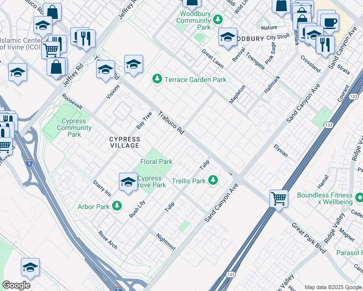 map of restaurants, bars, coffee shops, grocery stores, and more near 66 Berkshire Wood in Irvine