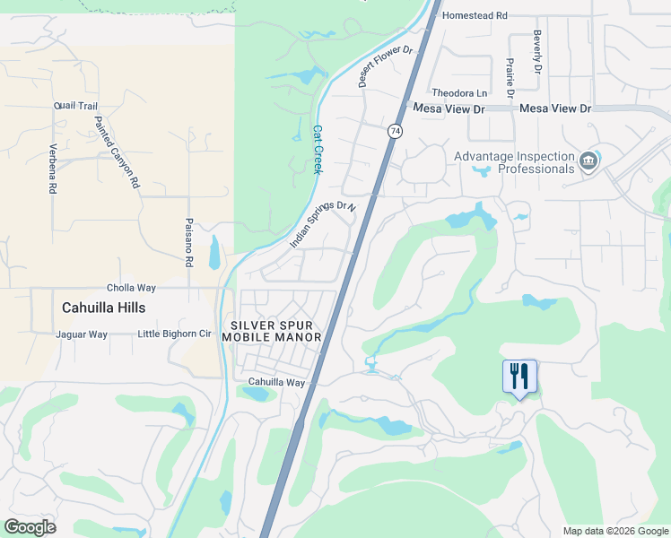 map of restaurants, bars, coffee shops, grocery stores, and more near 49-305 California 74 in Palm Desert