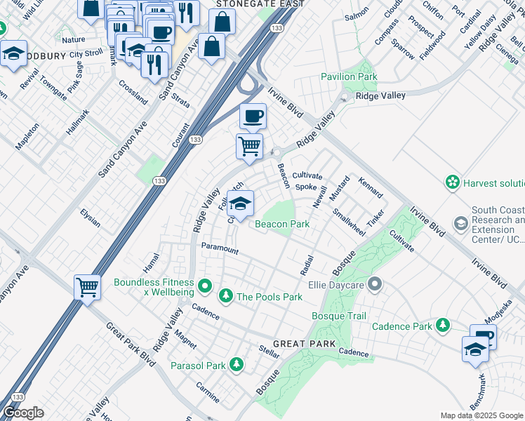 map of restaurants, bars, coffee shops, grocery stores, and more near 157 Fixie in Irvine