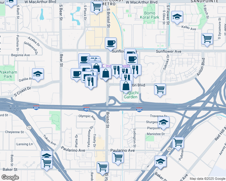 map of restaurants, bars, coffee shops, grocery stores, and more near 3200 Bristol Street in Costa Mesa