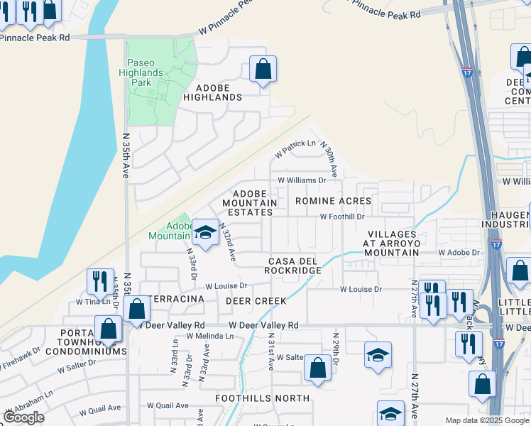 map of restaurants, bars, coffee shops, grocery stores, and more near 22405 North 31st Drive in Phoenix