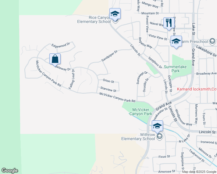 map of restaurants, bars, coffee shops, grocery stores, and more near 15493 Orion Street in Lake Elsinore
