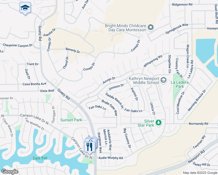 map of restaurants, bars, coffee shops, grocery stores, and more near 24404 Division Drive in Menifee