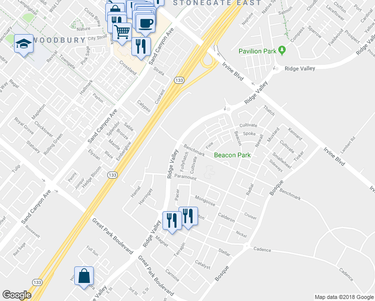 map of restaurants, bars, coffee shops, grocery stores, and more near 283 Follyhatch in Irvine