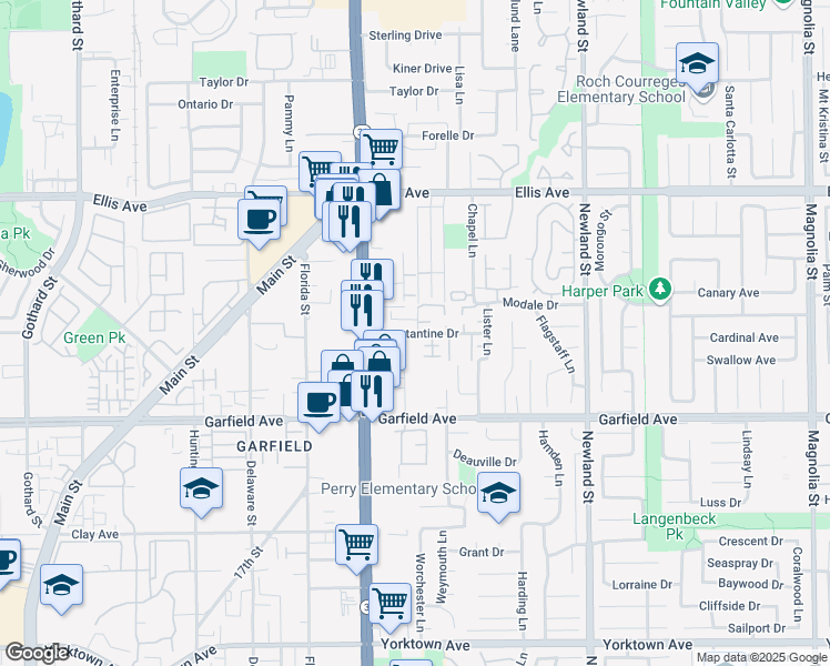 map of restaurants, bars, coffee shops, grocery stores, and more near 8101 Constantine Drive in Huntington Beach