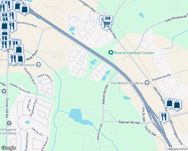 map of restaurants, bars, coffee shops, grocery stores, and more near 2600 Iris Drive Southwest in Conyers