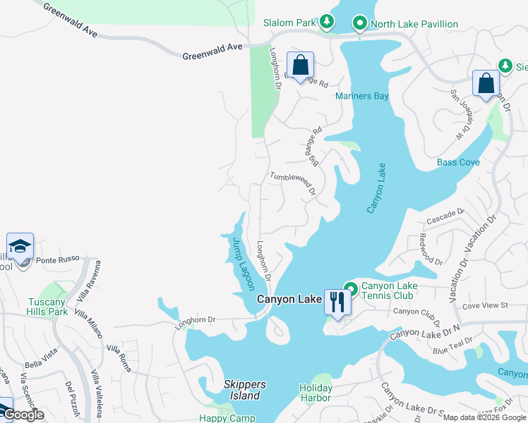 map of restaurants, bars, coffee shops, grocery stores, and more near 29640 Longhorn Drive in Canyon Lake