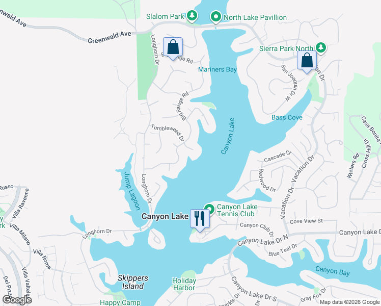 map of restaurants, bars, coffee shops, grocery stores, and more near 22323 Tumbleweed Drive in Canyon Lake