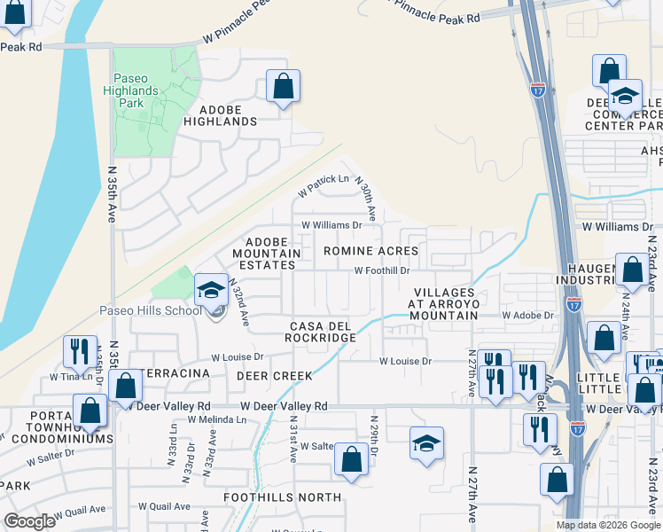 map of restaurants, bars, coffee shops, grocery stores, and more near 34924 North 30th Avenue in Phoenix