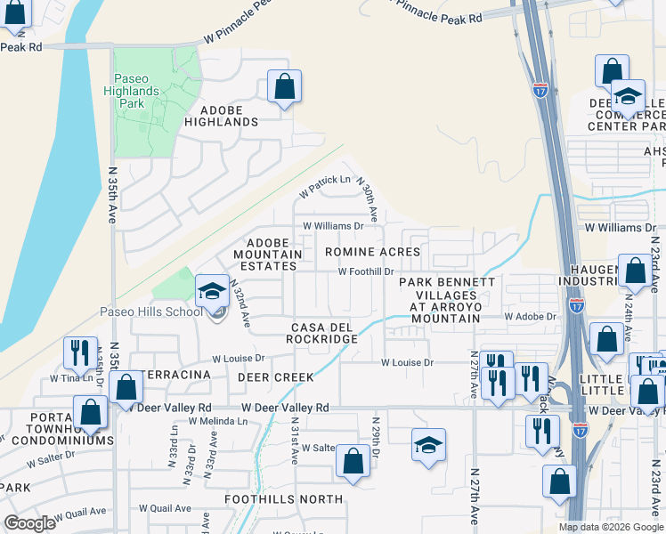 map of restaurants, bars, coffee shops, grocery stores, and more near 34936 North 30th Avenue in Phoenix