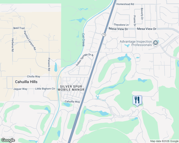 map of restaurants, bars, coffee shops, grocery stores, and more near 49305 California 74 in Palm Desert