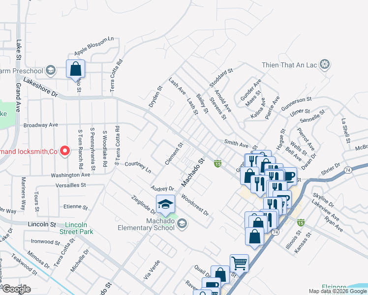 map of restaurants, bars, coffee shops, grocery stores, and more near 16377 Lakeshore Drive in Lake Elsinore
