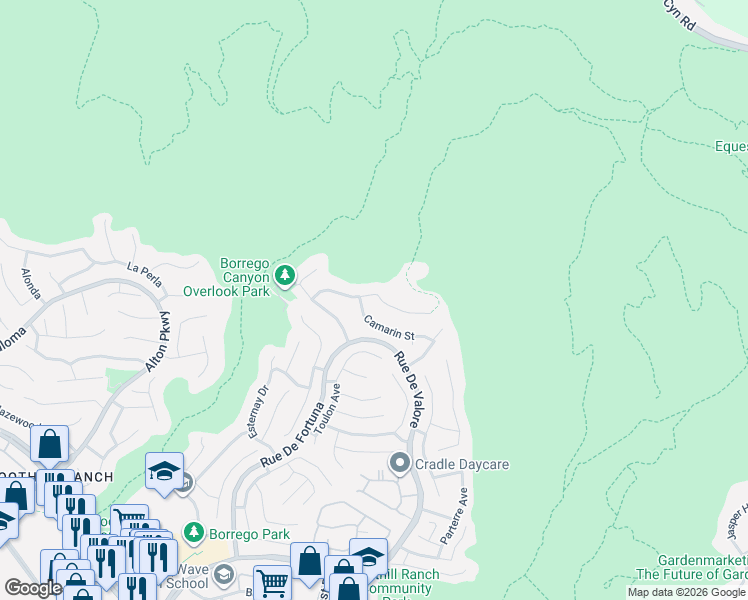 map of restaurants, bars, coffee shops, grocery stores, and more near 38 Tessera Avenue in Lake Forest