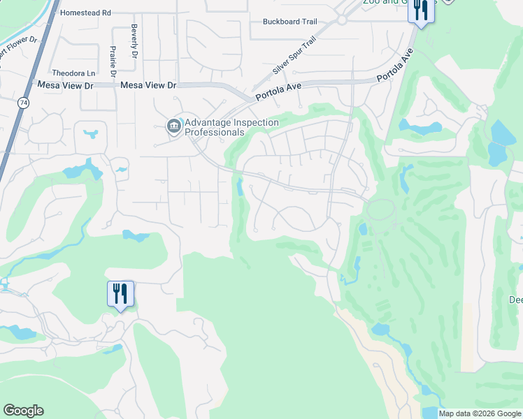 map of restaurants, bars, coffee shops, grocery stores, and more near 73231 Mariposa Drive in Palm Desert