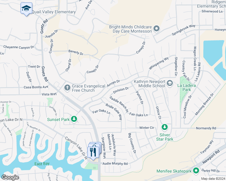map of restaurants, bars, coffee shops, grocery stores, and more near 24404 Division Drive in Menifee