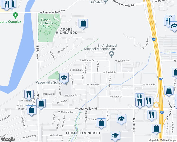 map of restaurants, bars, coffee shops, grocery stores, and more near 22507 North 31st Avenue in Phoenix