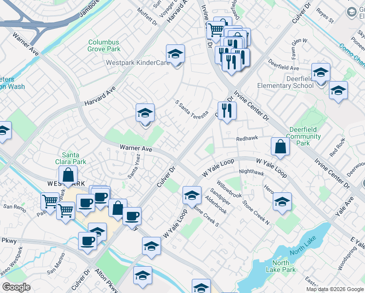 map of restaurants, bars, coffee shops, grocery stores, and more near 14 Del Cambrea in Irvine