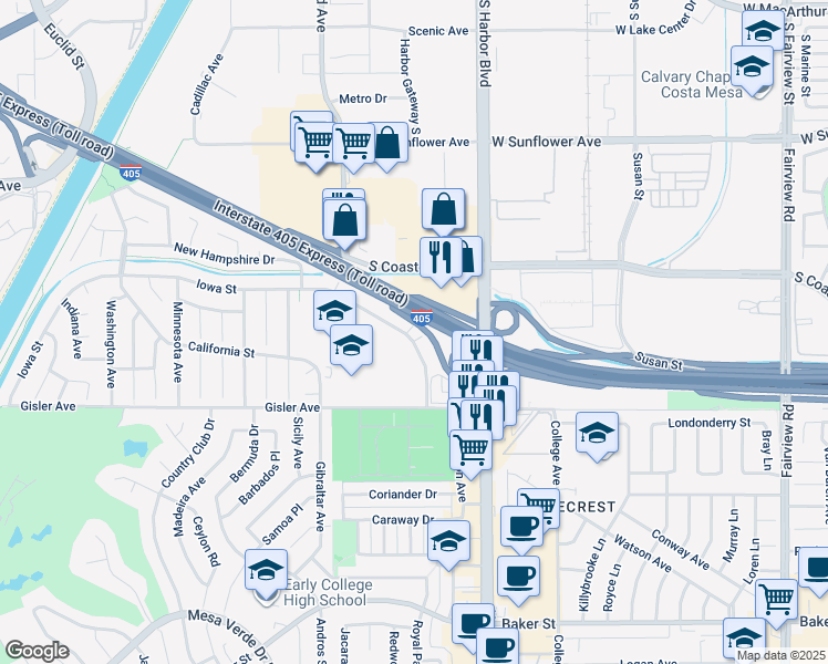 map of restaurants, bars, coffee shops, grocery stores, and more near 1626 Iowa Street in Costa Mesa