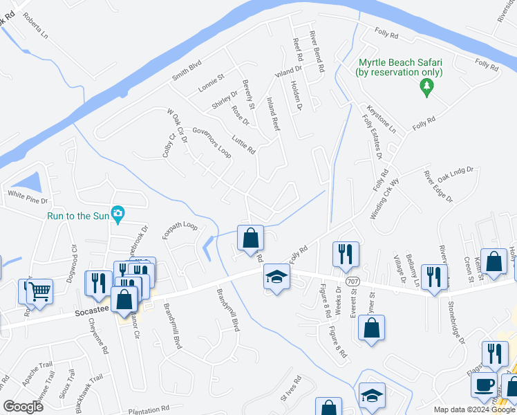 map of restaurants, bars, coffee shops, grocery stores, and more near 505 Oak Circle Drive in Myrtle Beach