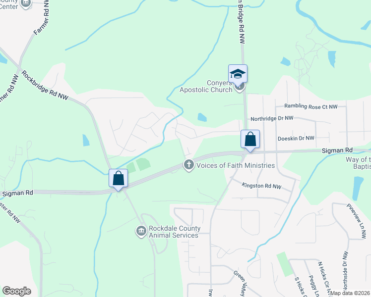 map of restaurants, bars, coffee shops, grocery stores, and more near 1626 Honeysuckle Path in Conyers