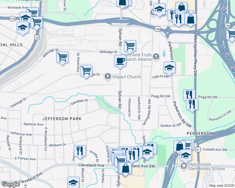 map of restaurants, bars, coffee shops, grocery stores, and more near 2395 Sylvan Road in East Point