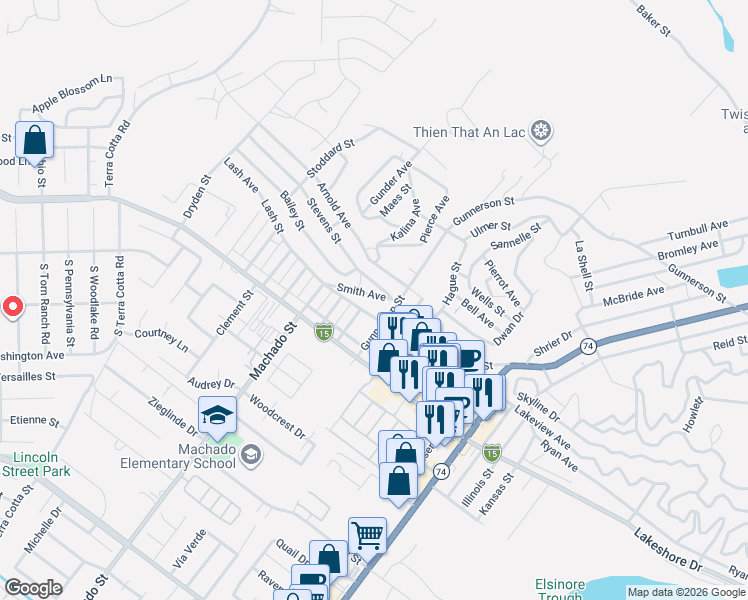 map of restaurants, bars, coffee shops, grocery stores, and more near Smith Avenue in Lake Elsinore