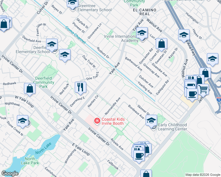 map of restaurants, bars, coffee shops, grocery stores, and more near 15151 Marne Circle in Irvine