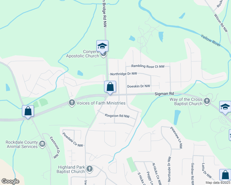 map of restaurants, bars, coffee shops, grocery stores, and more near 993 Sigman Road Northwest in Conyers